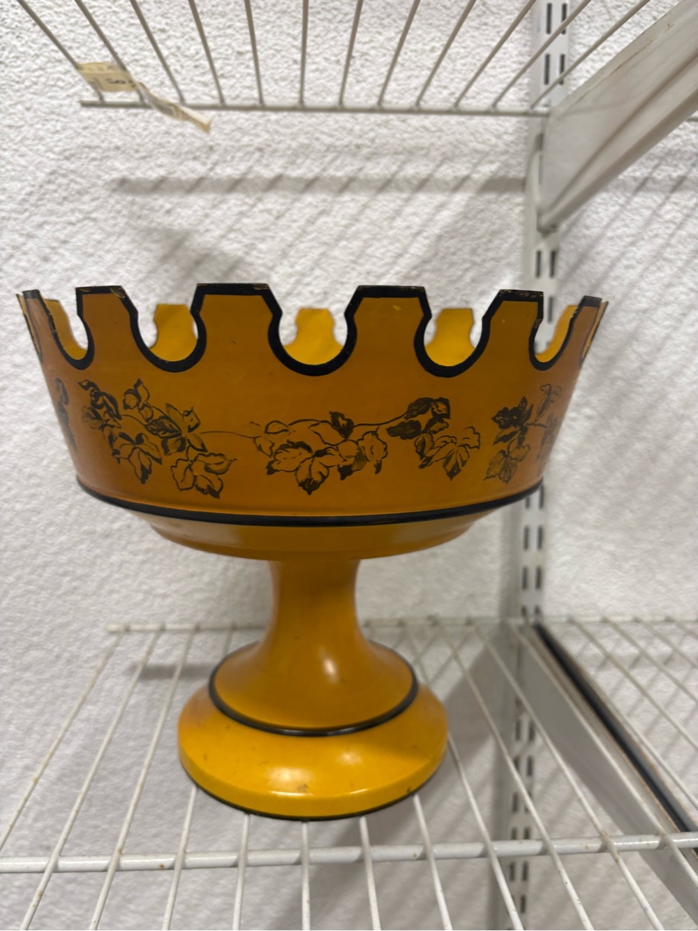 Antique Decor Yellow Pedestal Bowl w/ Black Vine Motif - made in Italy